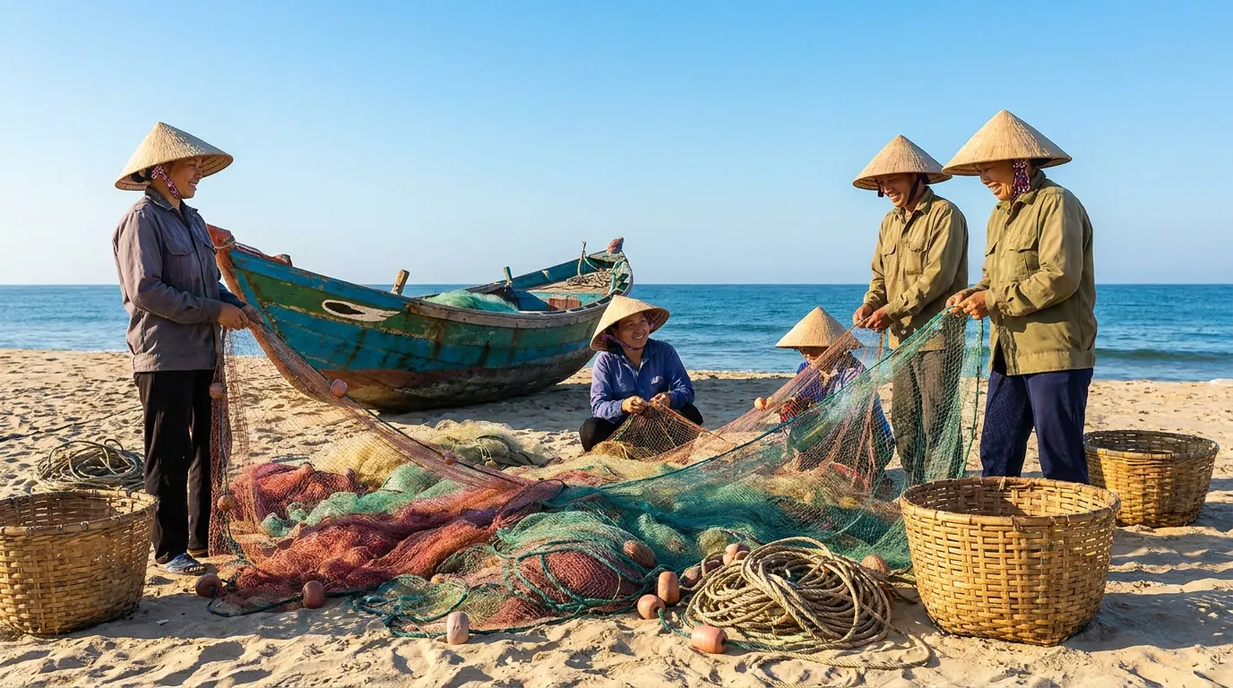 Ngư dân Việt Nam gỡ lưới bên thuyền cá trên bãi biển Hà Tĩnh buổi sáng, nắng sớm tươi sáng, biển xanh — ảnh minh họa