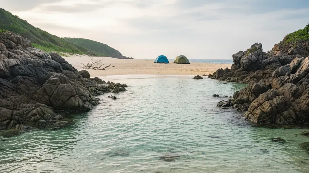 Bãi biển hoang sơ với ghềnh đá và lều cắm trại phía xa, kiểu bãi Đông Nghi Sơn — ảnh minh họa