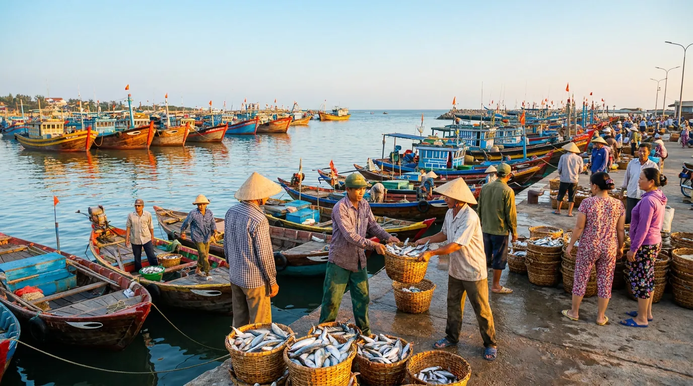 Bến cá buổi sáng ở vùng biển Nam Thanh Hóa với thuyền cá gỗ sơn màu và ngư dân Việt Nam, nắng sớm tươi sáng — ảnh minh họa