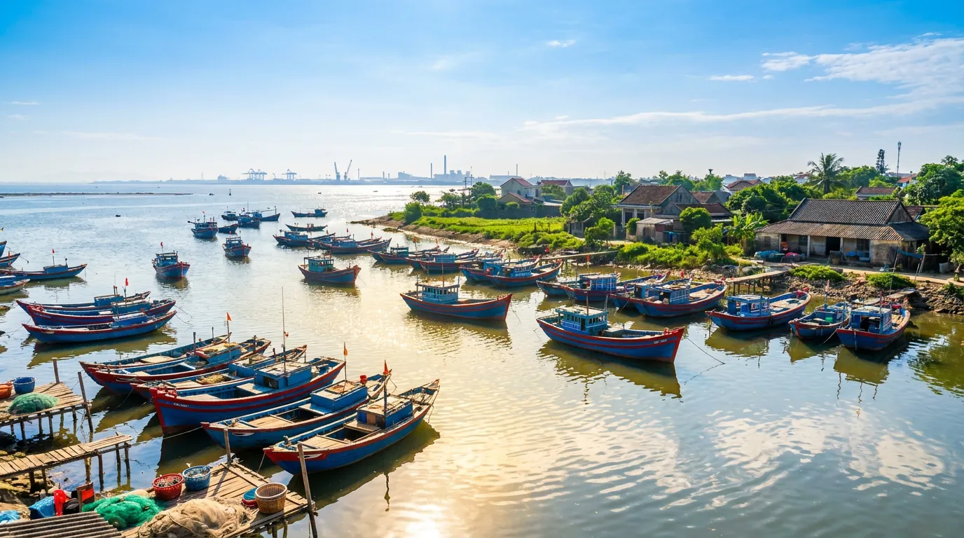 Tàu cá sơn xanh đỏ neo tại cửa lạch trong nắng sớm, phía xa là khu công nghiệp — ảnh minh họa