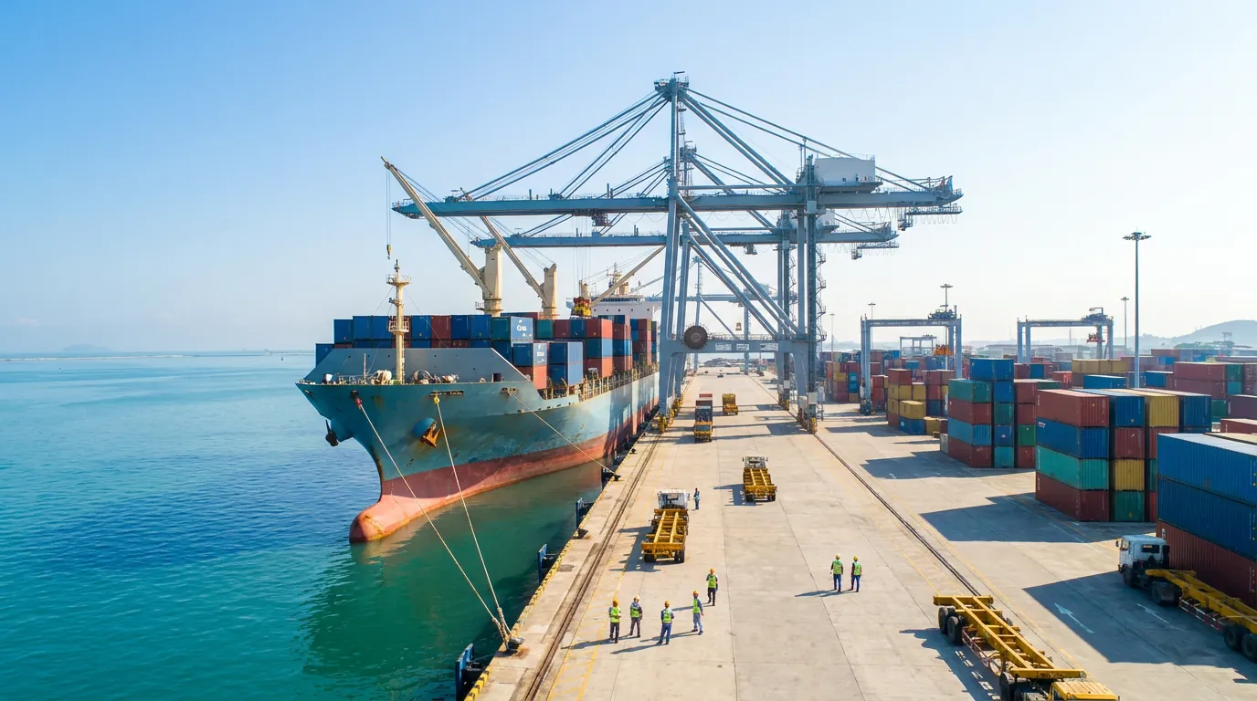 Cảng nước sâu ven biển Hà Tĩnh với cần cẩu container và tàu hàng lớn cập bến trong nắng sớm — ảnh minh họa