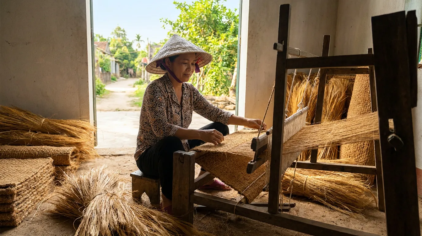 Người phụ nữ Việt Nam ngồi bên khung cửi dệt chiếu cói thủ công truyền thống, bó sợi cói khô đặt gần đó, ánh sáng ấm áp trong không gian nhà truyền thống, biểu cảm chăm chú — ảnh minh họa