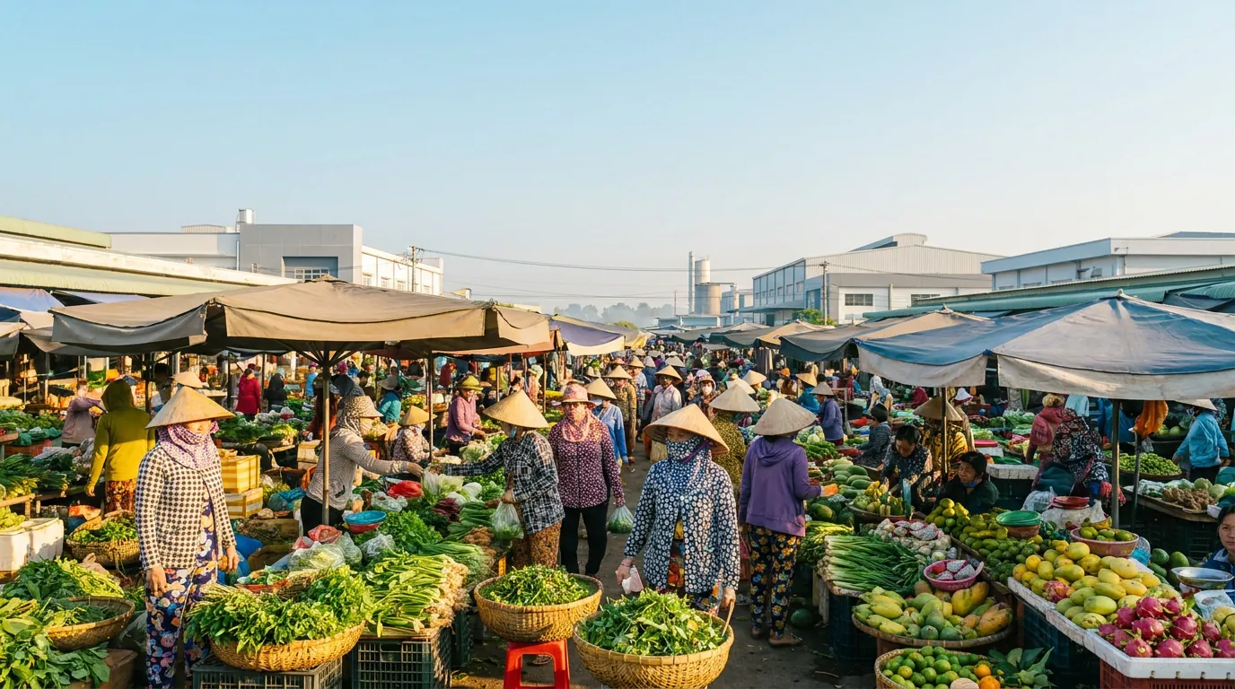 Chợ dân sinh buổi sáng ở vùng ven khu kinh tế Nam Thanh Hóa, người dân Việt Nam mua bán rau củ, không khí tươi sáng — ảnh minh họa