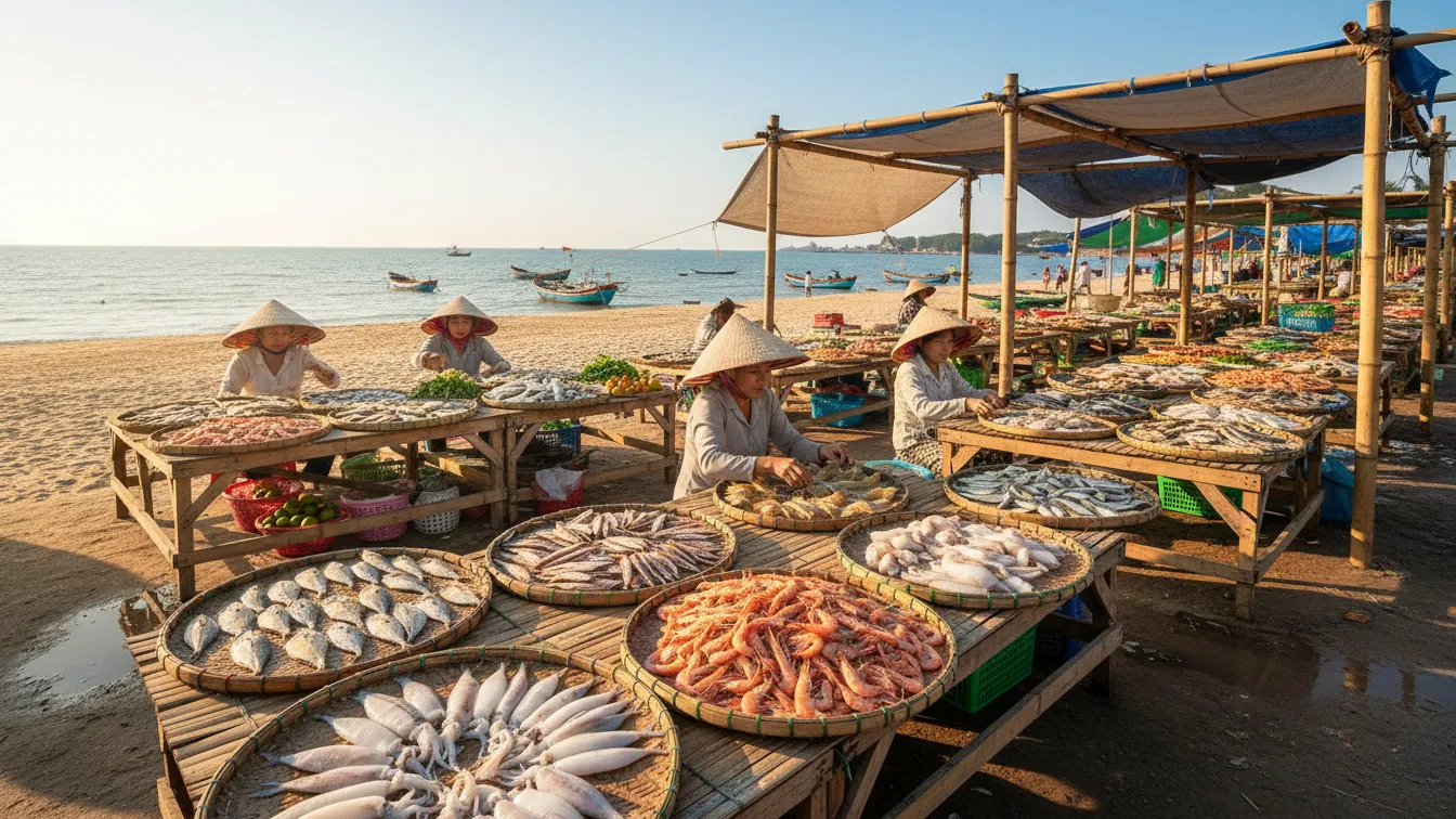 Chợ hải sản ven biển buổi chiều với các bà các cô người Việt bày mẹt cá khô, tôm mực tươi dưới nắng vàng — ảnh minh họa