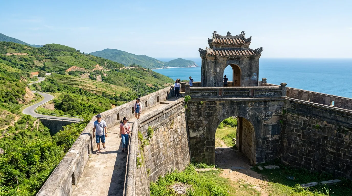 Di tích cổng thành cổ Hoành Sơn Quan trên Đèo Ngang nhìn ra biển xanh Hà Tĩnh trong nắng sớm, du khách Việt Nam tham quan — ảnh minh họa