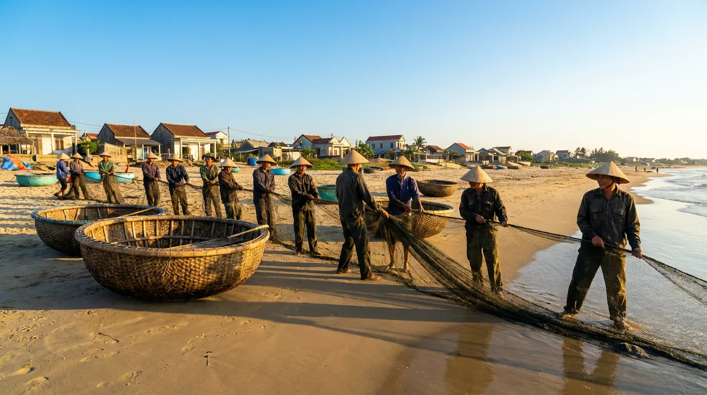 Ngư dân người Việt buổi sáng kéo lưới trên bờ biển làng ven biển miền Trung, thuyền thúng và lưới đánh cá, ánh nắng sớm ấm áp — ảnh minh họa