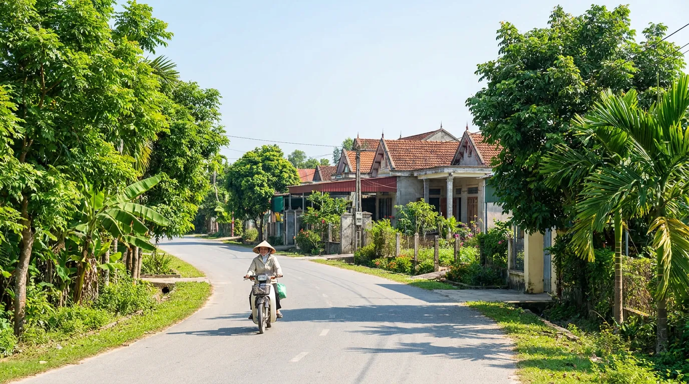Con đường nông thôn trải nhựa dẫn vào khu dân cư ở một xã trung du Thanh Hóa, hai bên trồng cây xanh, người dân Việt đi xe máy buổi sáng, bầu trời trong xanh — ảnh minh họa