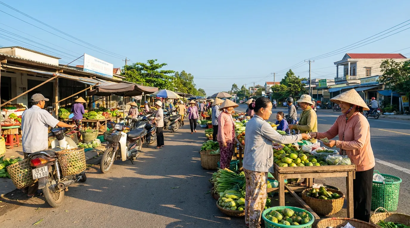 Chợ quê nhỏ ven quốc lộ ở một xã đồng bằng Thanh Hóa buổi sáng sớm, các sạp hàng rau củ, người dân Việt mua bán tấp nập, xe máy đậu ven đường, ánh nắng ấm — ảnh minh họa