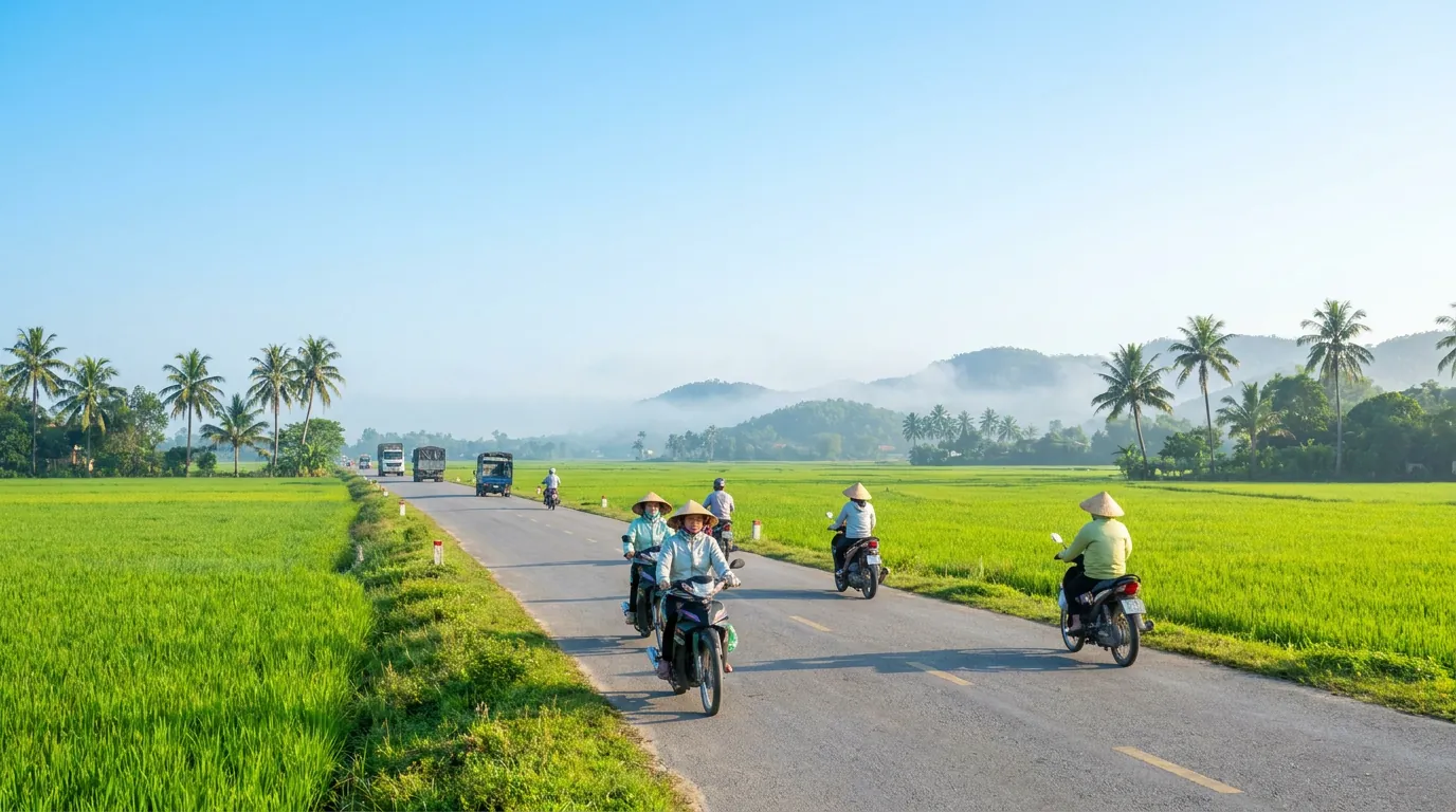 Quốc lộ chạy qua vùng nông thôn Nam Thanh Hóa với ruộng lúa hai bên và người dân Việt Nam đi xe máy, nắng sớm tươi sáng — ảnh minh họa