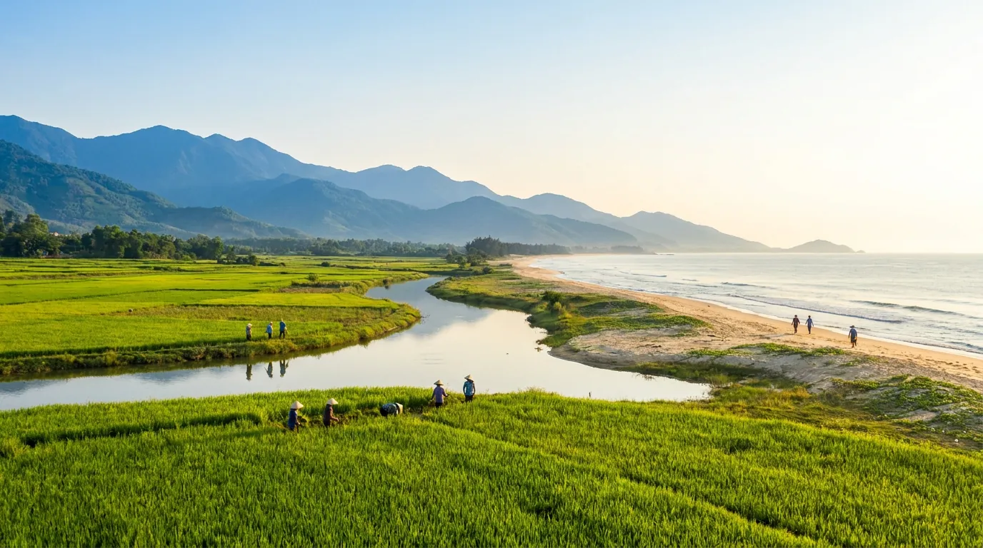 Phong cảnh Hà Tĩnh ven biển Bắc Trung Bộ lúc bình minh: đồng lúa, dãy núi phía tây và bờ biển — ảnh minh họa