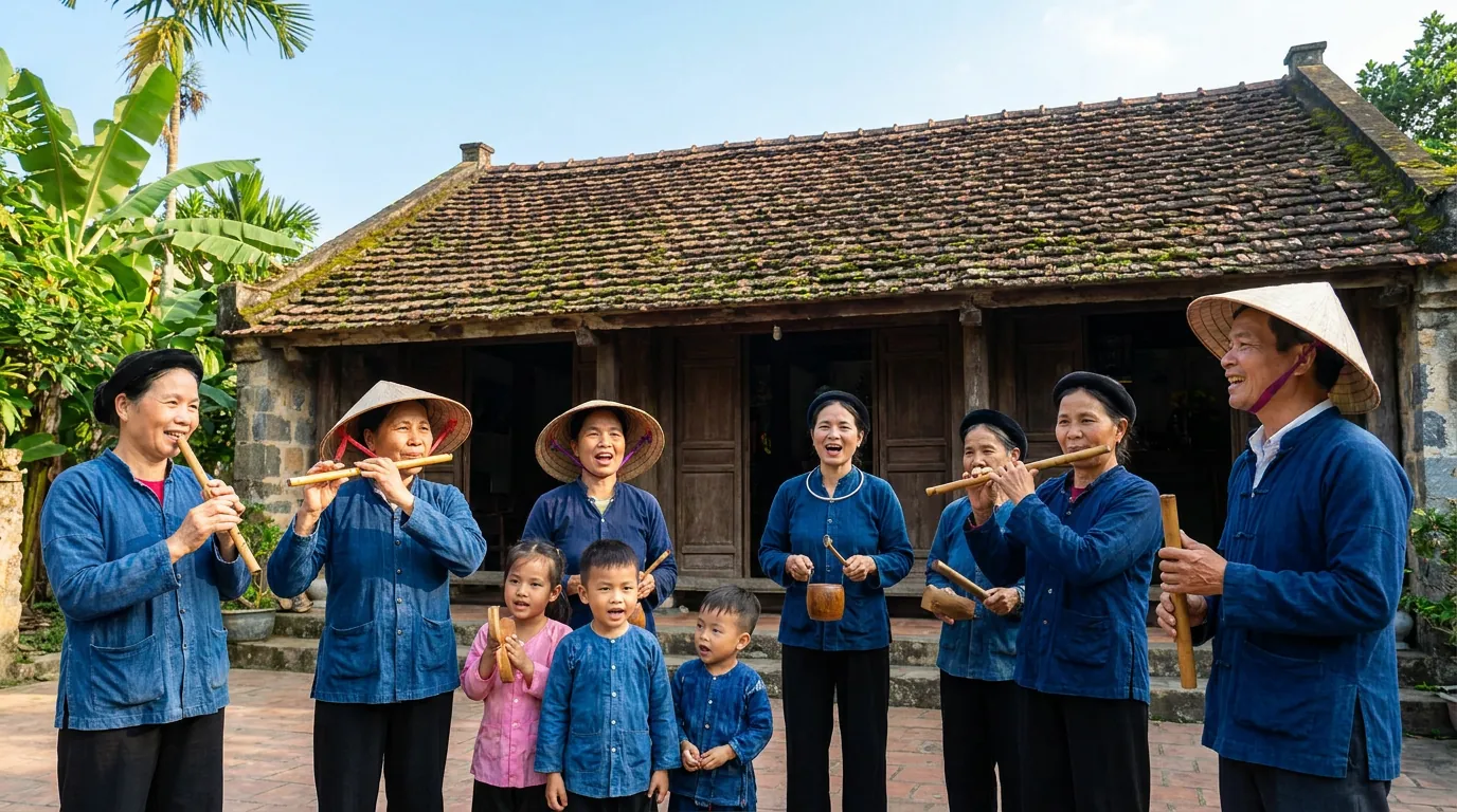 Nghệ nhân và người dân Việt Nam hát dân ca ví giặm trong không gian làng quê Bắc Trung Bộ — ảnh minh họa