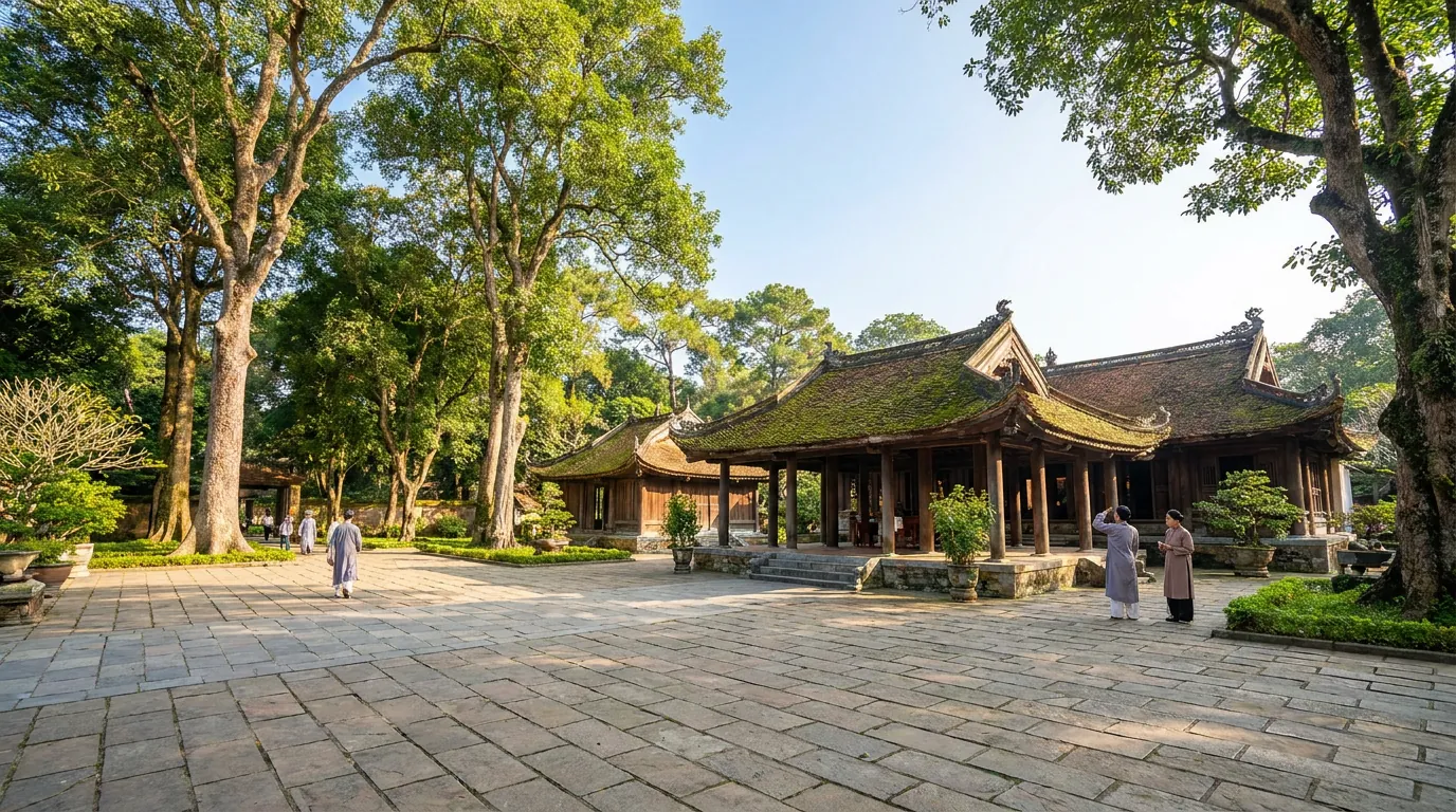 Quần thể đền miếu cổ kính Việt Nam giữa rừng cây cổ thụ xanh mát với sân gạch rộng và bậc thềm đá, người Việt đi thăm viếng trang nghiêm buổi sáng, ánh nắng ấm áp — ảnh minh họa