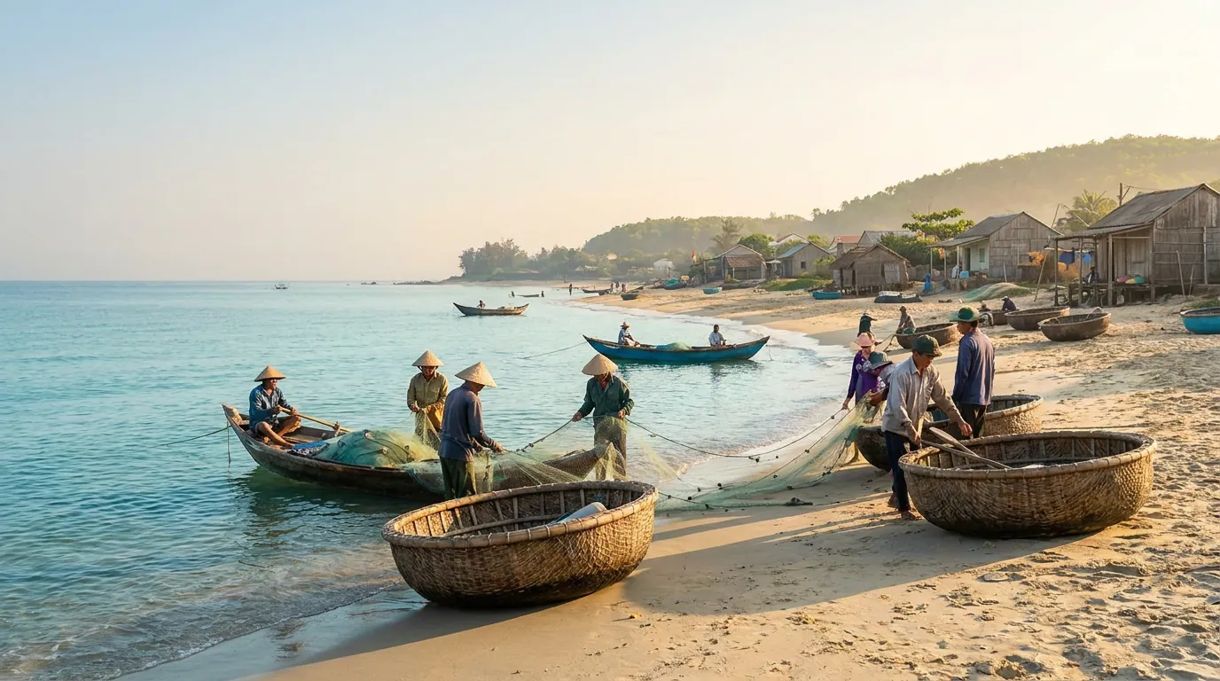 Làng chài ven biển Bắc Trung Bộ lúc bình minh, ngư dân người Việt kéo lưới và thuyền thúng cập bến, ánh nắng sớm vàng nhạt trên mặt biển — ảnh minh họa