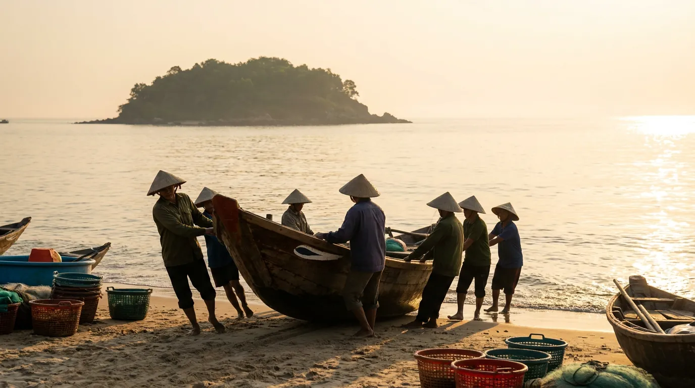 Ngư dân người Việt kéo thuyền vào bờ lúc bình minh tại một cảng cá nhỏ ở Bắc Trung Bộ, đảo nhỏ mờ xa ngoài khơi, ánh nắng vàng nhạt trên mặt biển — ảnh minh họa