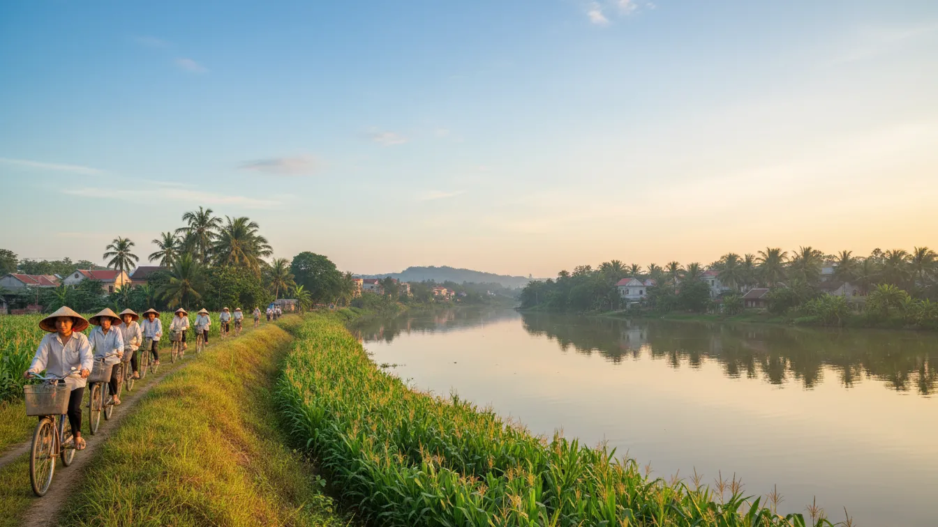 Làng ven sông ở Bắc Trung Bộ buổi sớm với người Việt đạp xe trên đê, bãi ngô xanh và mặt sông phẳng lặng — ảnh minh họa