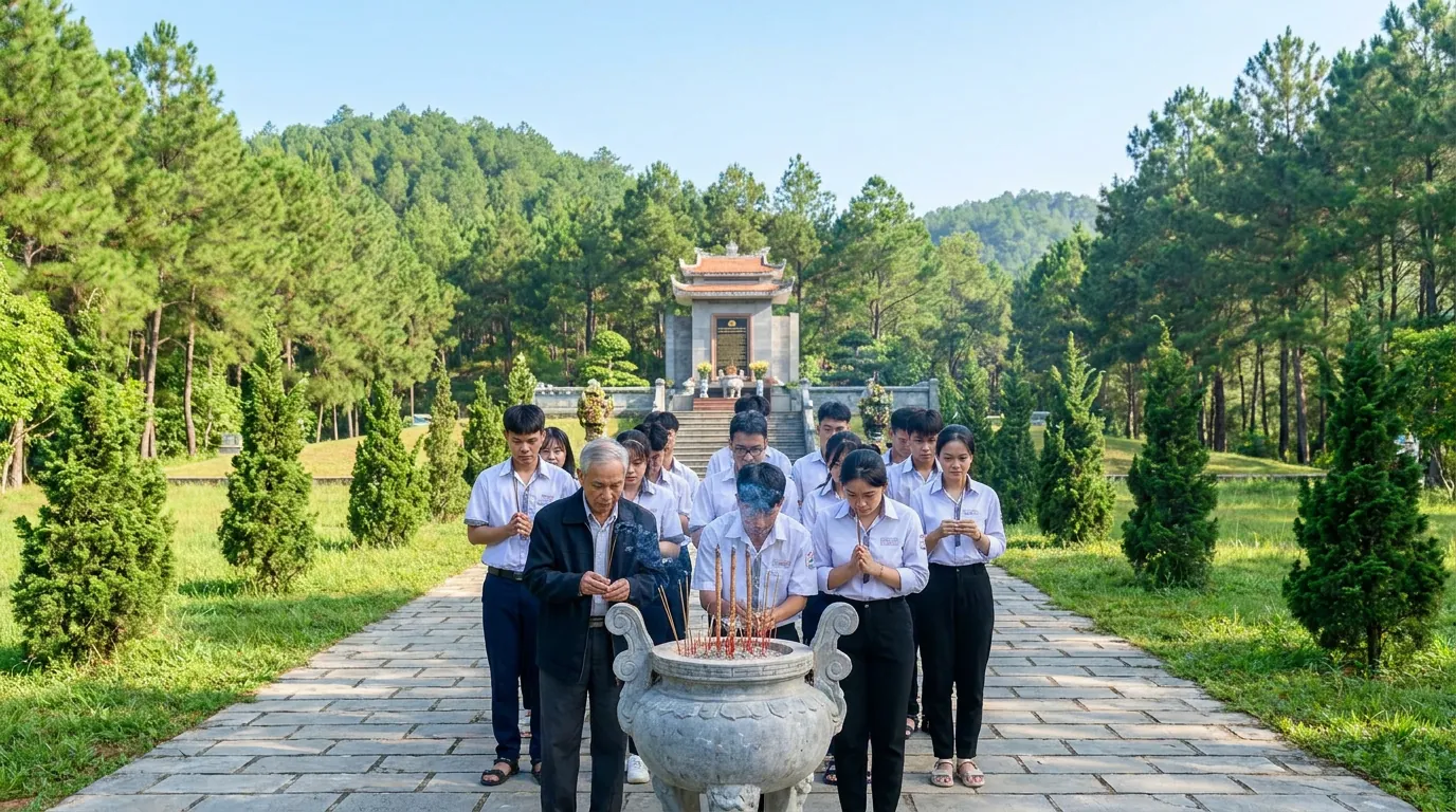 Khu tưởng niệm lịch sử Việt Nam giữa đồi thông xanh mát với con đường lát đá dẫn vào, người Việt lớn tuổi và học sinh dâng hương buổi sáng, không khí trang nghiêm — ảnh minh họa
