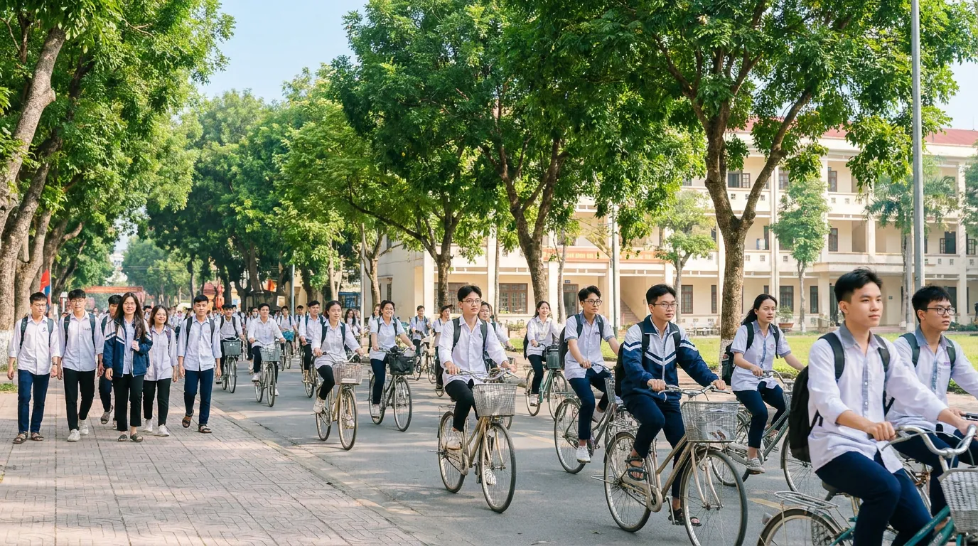 Sinh viên Việt Nam đạp xe và đi bộ trên phố cây xanh gần cổng trường đại học buổi sáng, không khí tươi sáng — ảnh minh họa