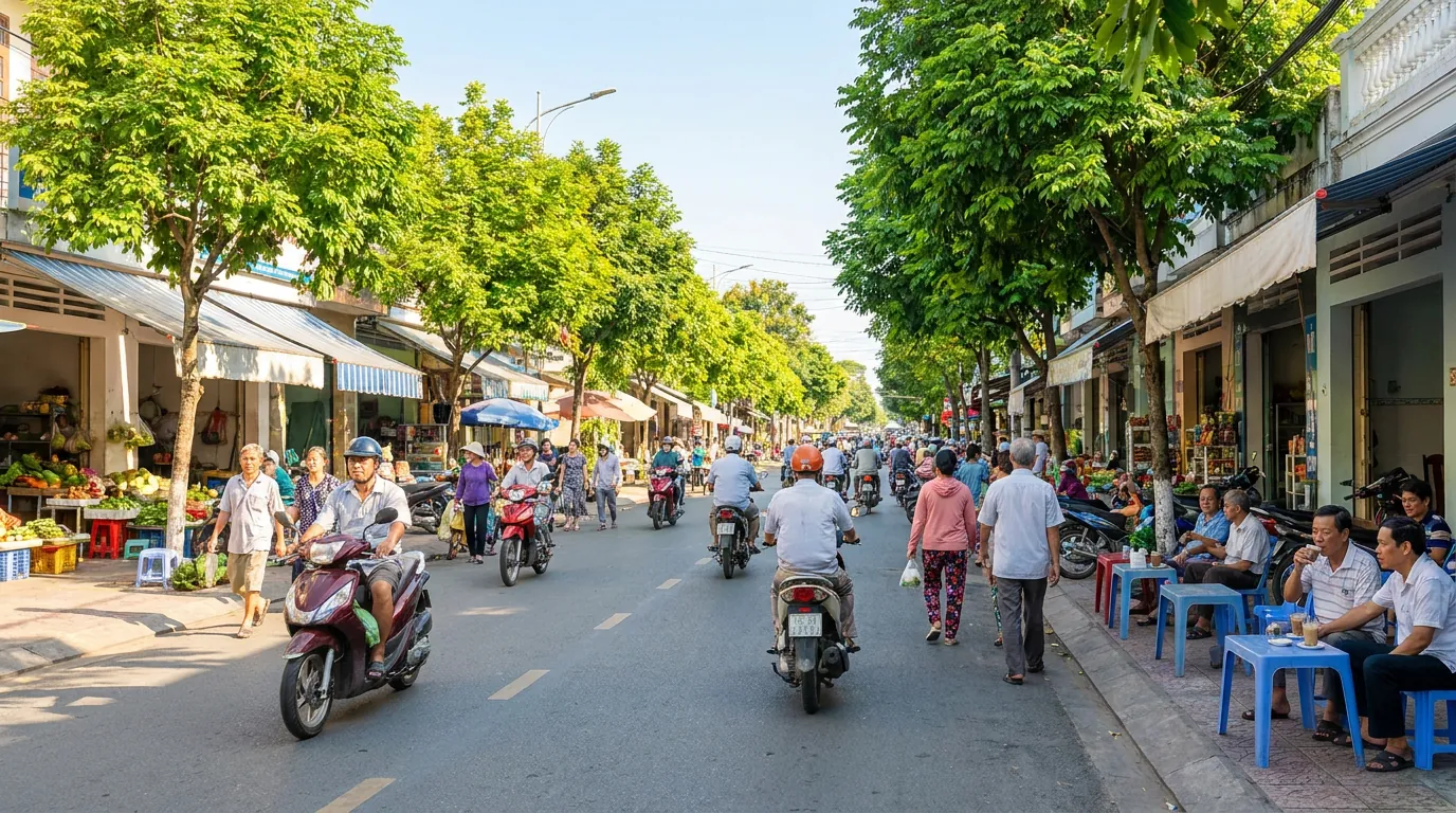 Phố trung tâm buổi sáng ở thị xã ven biển Hà Tĩnh với hàng quán, cây xanh và người dân Việt Nam đi lại, không khí tươi sáng — ảnh minh họa
