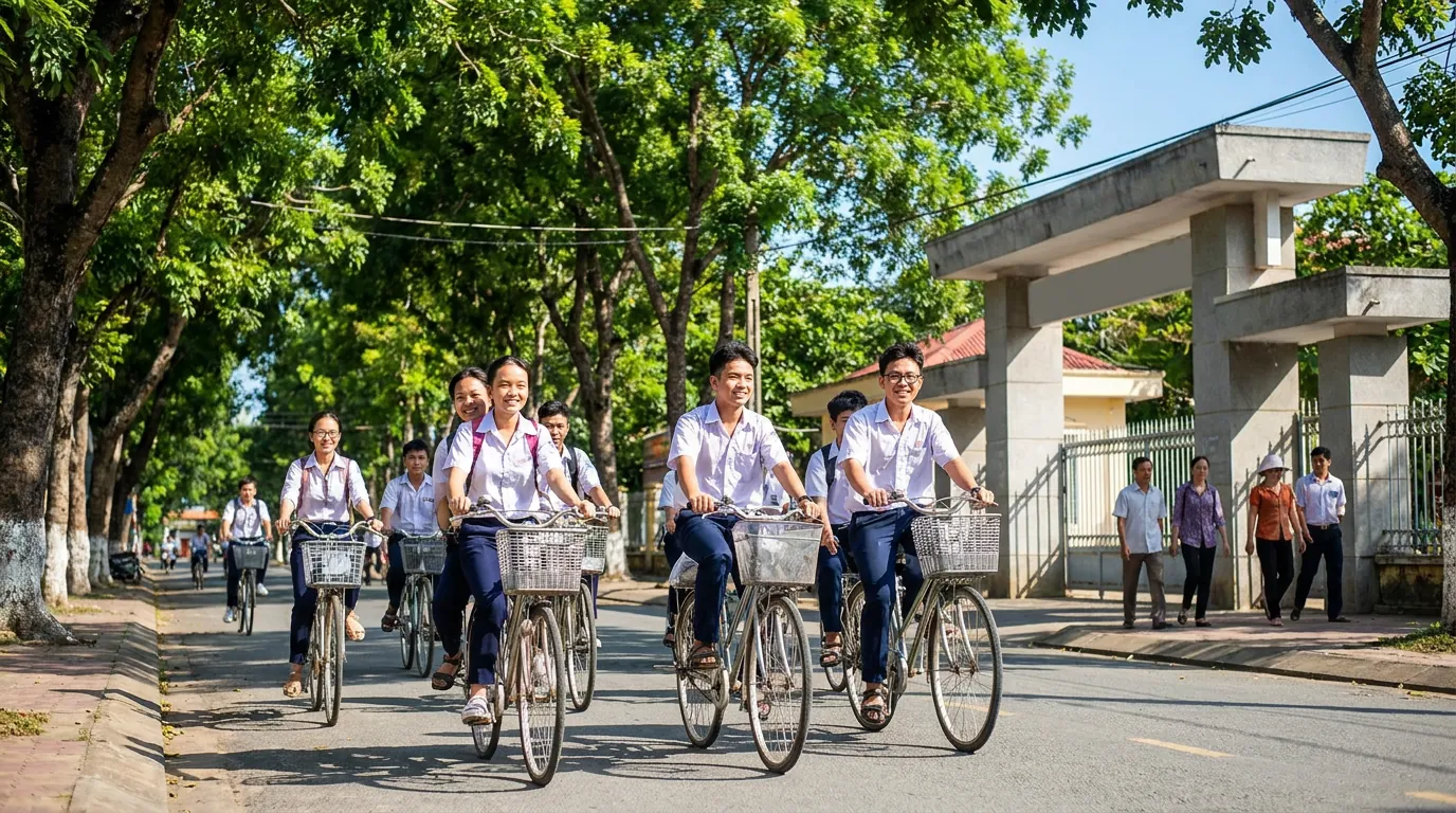 Học sinh Việt Nam đạp xe trên phố cây xanh gần cổng trường buổi sáng ở đô thị tỉnh lỵ, không khí tươi sáng — ảnh minh họa