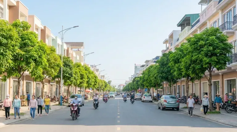 Đại lộ trung tâm một đô thị tỉnh lỵ Việt Nam với hàng cây xanh, nhà phố và dòng xe máy buổi sáng nắng đẹp — ảnh minh họa