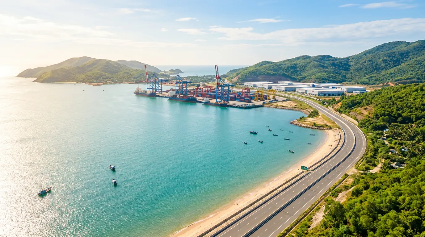 Vùng ven biển công nghiệp với cảng nước sâu và đồi xanh trong nắng sớm — ảnh minh họa