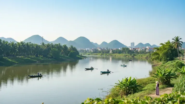 Buổi sáng bên dòng sông lớn ở Bắc Trung Bộ với bờ kè xanh, thuyền nhỏ và đồi thấp phía xa — ảnh minh họa