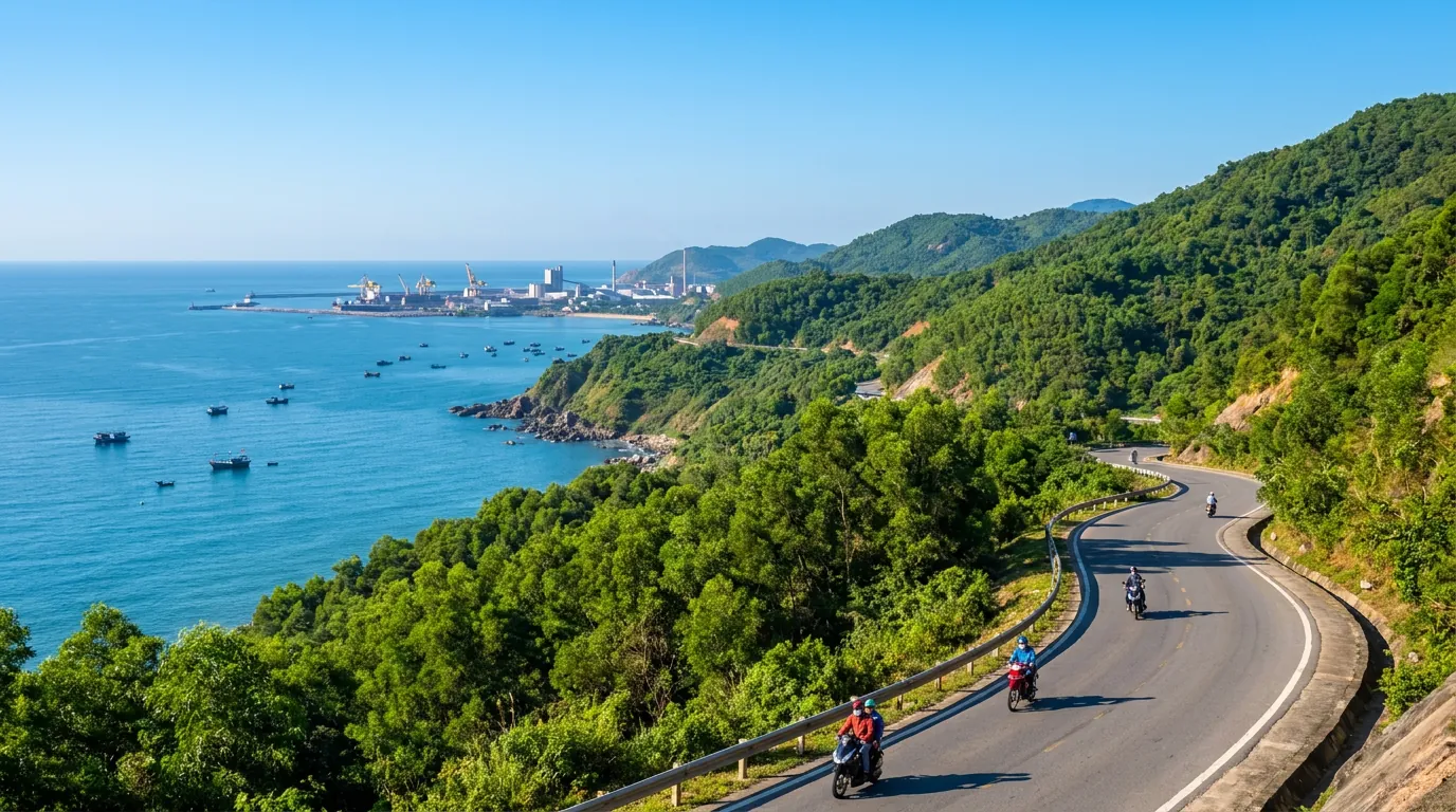 Dãy núi Hoành Sơn và Đèo Ngang ven biển Hà Tĩnh với đường đèo uốn lượn, biển xanh và cụm công nghiệp phía xa trong nắng sớm — ảnh minh họa