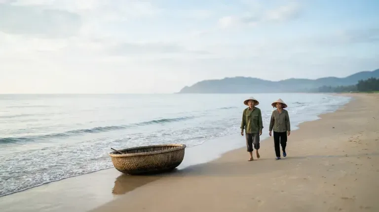 Dải bờ biển yên tĩnh phía Nam Sầm Sơn buổi sáng sớm với vài người Việt đi bộ ven bờ cát, thuyền thúng đậu gần bờ, ánh nắng dịu nhẹ — ảnh minh họa