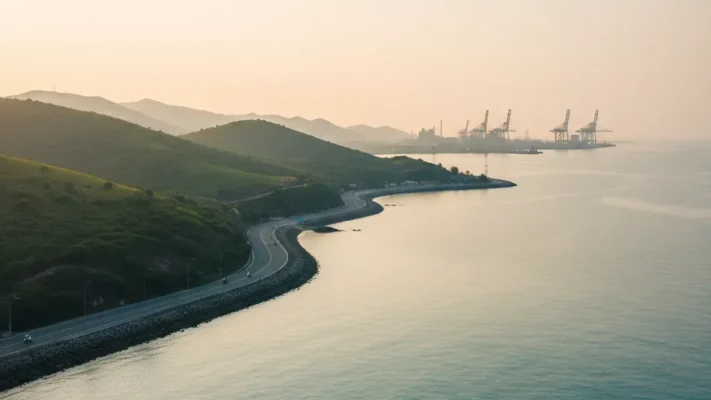 Không gian công nghiệp ven biển khu vực Nam Thanh Hóa với cảng và nhà máy phía xa — ảnh minh họa
