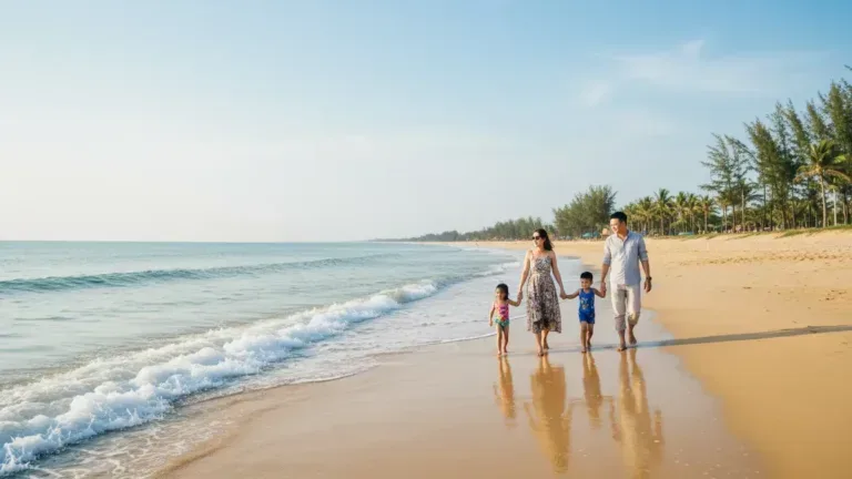 Bãi biển miền Bắc Trung Bộ buổi sáng mùa hè với gia đình người Việt dạo trên cát, sóng nhẹ và hàng dừa ven bờ — ảnh minh họa