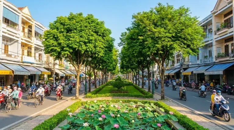 Phố trung tâm một đô thị tỉnh lỵ Việt Nam với hồ sen, hàng cây xanh và dòng xe máy buổi sáng nắng đẹp — ảnh minh họa