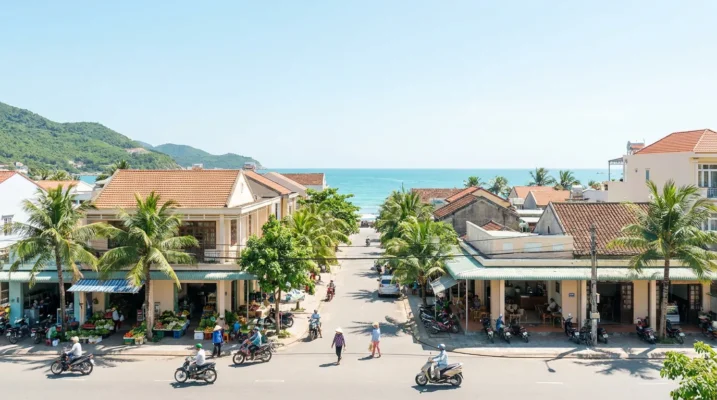 Khu trung tâm thị trấn ven biển Nam Thanh Hóa với phố xá, cây xanh và biển phía xa trong nắng sớm — ảnh minh họa