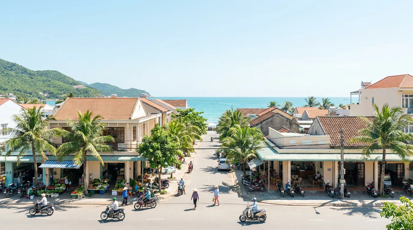 Khu trung tâm thị trấn ven biển Nam Thanh Hóa với phố xá, cây xanh và biển phía xa trong nắng sớm — ảnh minh họa