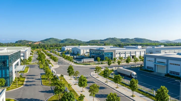 Khu công nghiệp phía trong đất liền Nam Thanh Hóa với nhà xưởng, đường nội khu và đồi xanh trong nắng sớm — ảnh minh họa