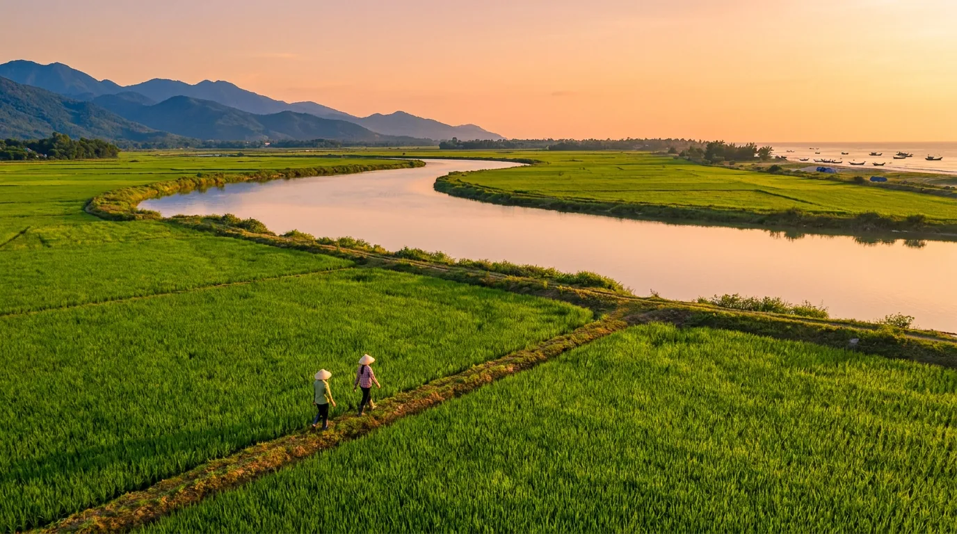 Phong cảnh tỉnh Bắc Trung Bộ lúc bình minh: đồng lúa, sông, núi phía tây và biển phía đông — ảnh minh họa