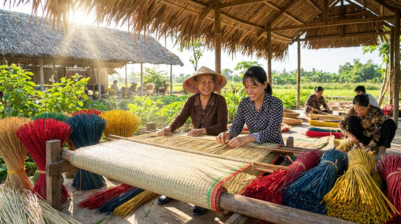 Nghệ nhân Việt Nam dệt chiếu cói và làm nghề thủ công truyền thống trong xưởng làng quê — ảnh minh họa