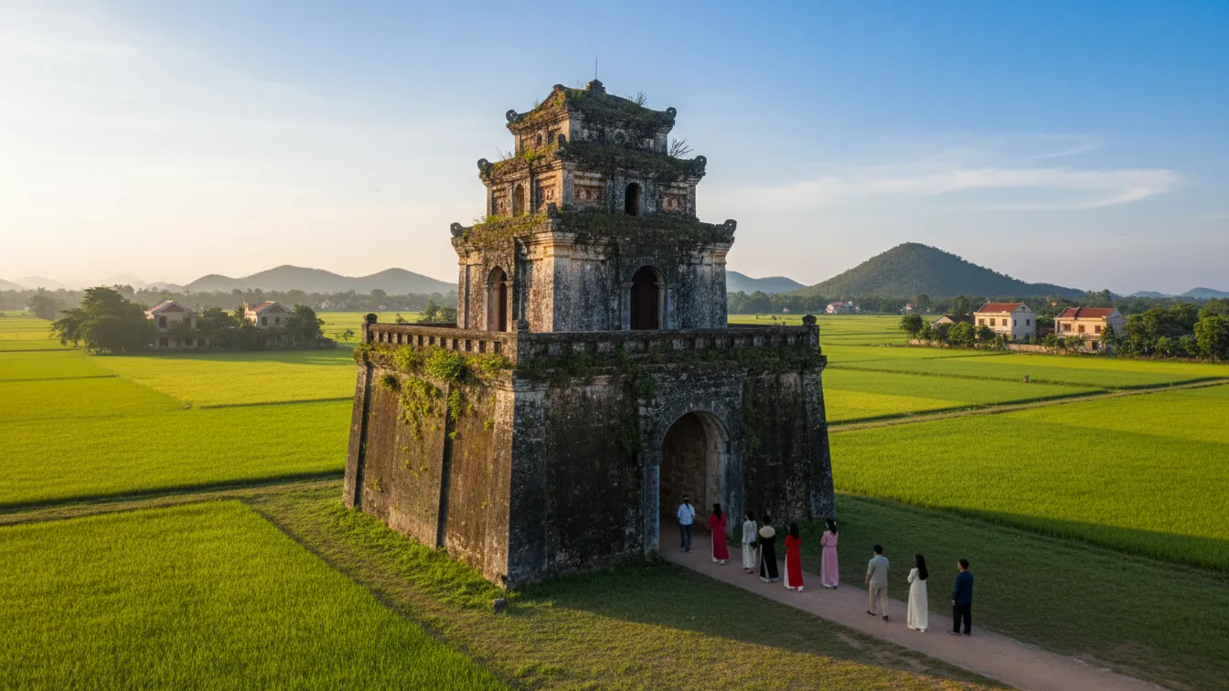 Cổng thành cổ Việt Nam xây bằng những khối đá lớn xù xì đồ sộ giữa khung cảnh đồng quê yên bình, vài người Việt đi thăm viếng trang nghiêm buổi sáng, ánh nắng ấm áp — ảnh minh họa