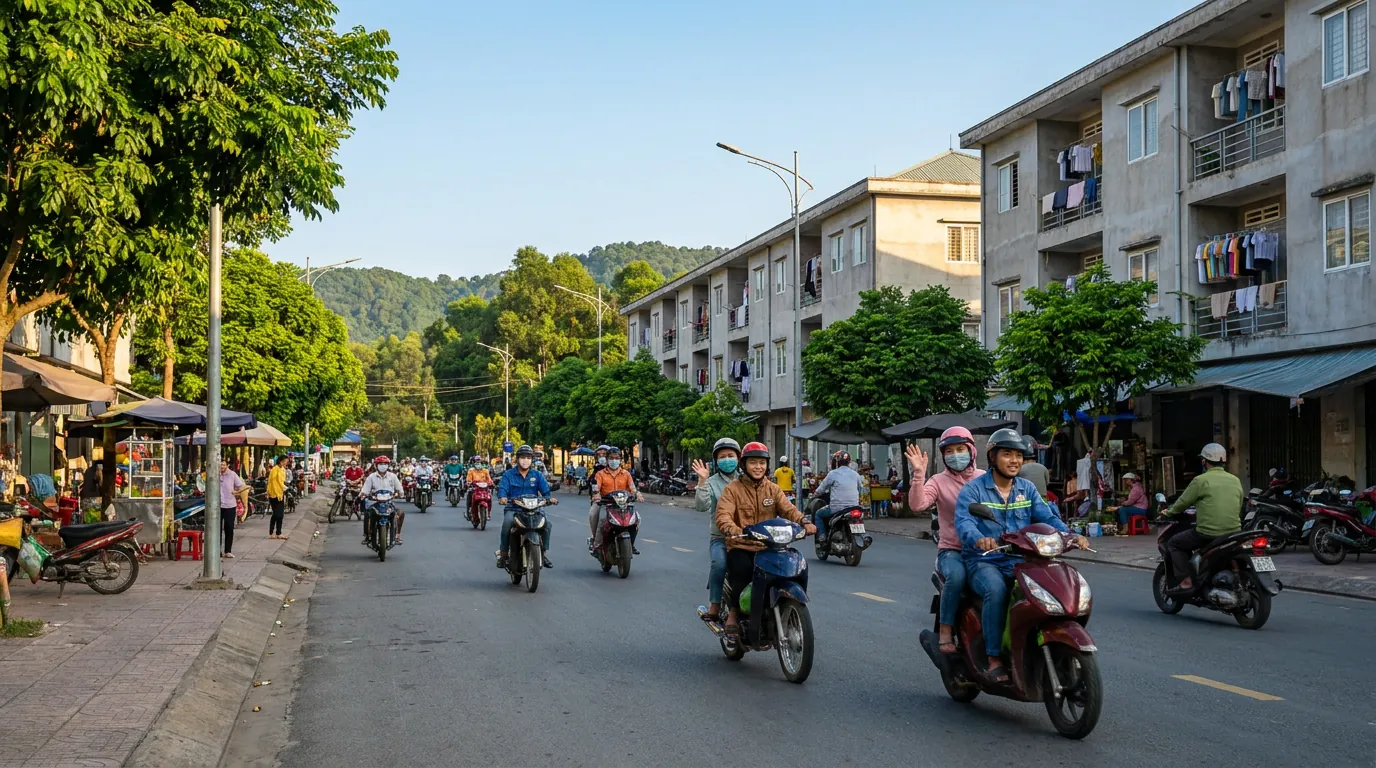Công nhân trẻ Việt Nam đi xe máy trên đường nội khu công nghiệp giờ tan ca, hai bên là dãy nhà trọ — ảnh minh họa