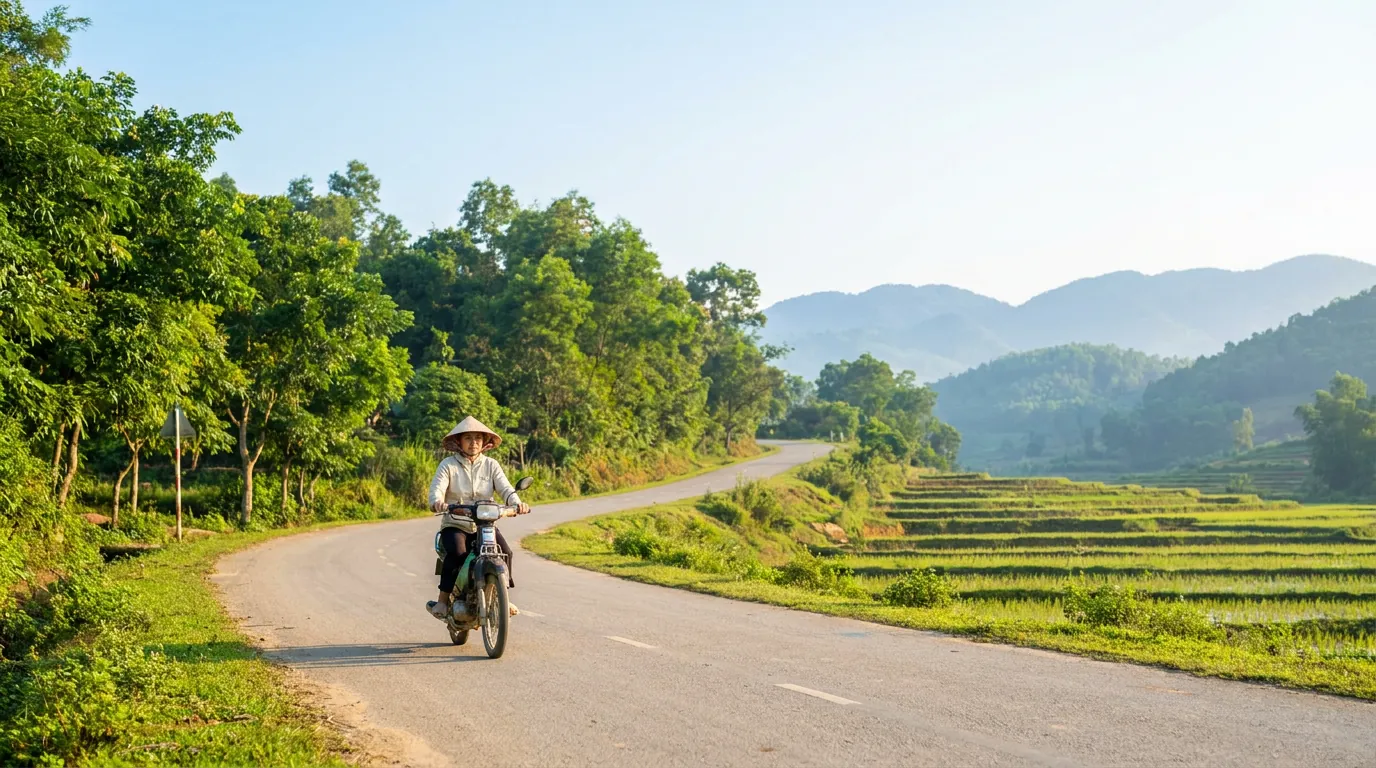 Vùng đồi trung du Bắc Trung Bộ buổi sáng với con đường nhựa xuyên qua thung lũng, cây xanh hai bên và người Việt đi xe máy, ánh nắng dịu — ảnh minh họa