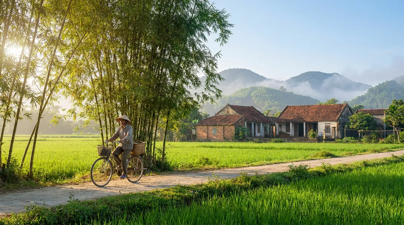 Cánh đồng lúa xanh ven đường làng ở một xã nông thôn Thanh Hóa buổi sáng, người nông dân Việt đi xe đạp, nhà cấp bốn và lũy tre, ánh nắng dịu — ảnh minh họa