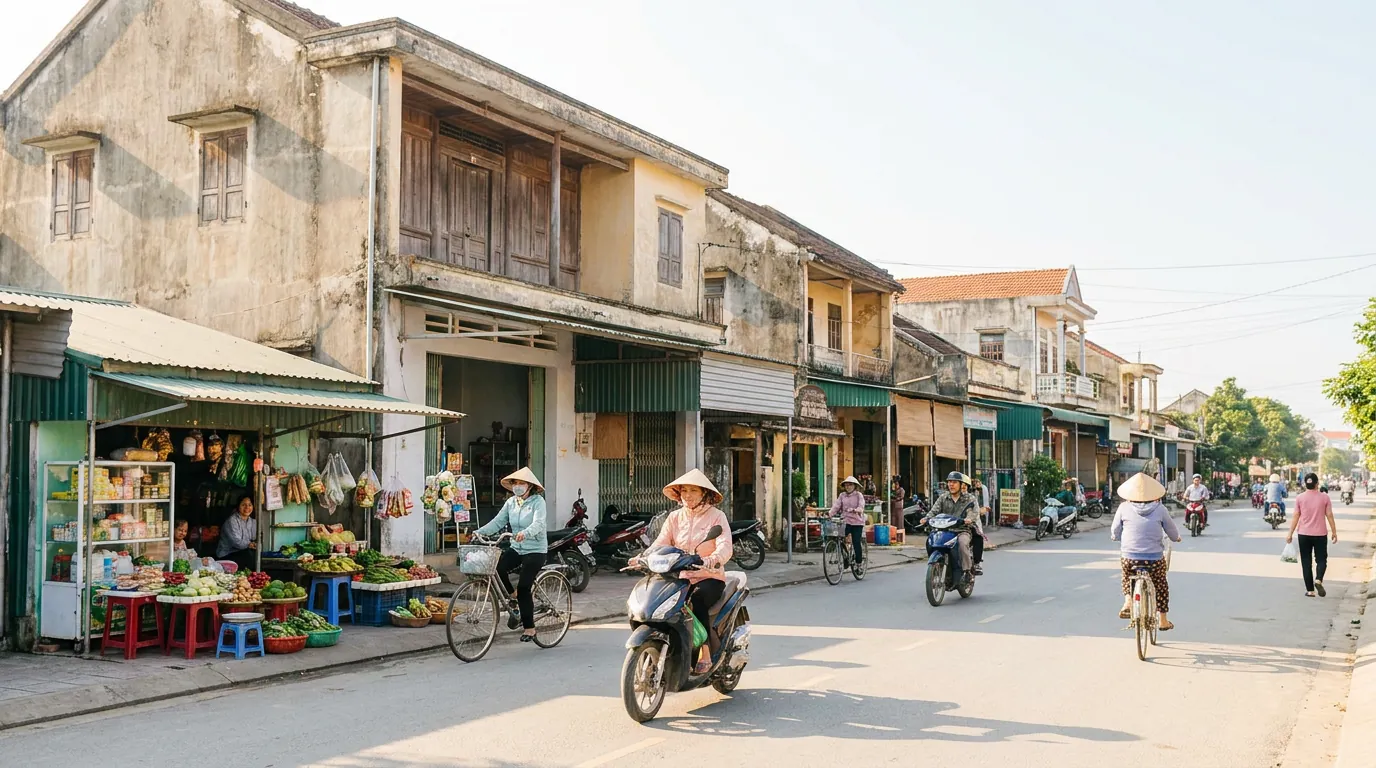 Phố huyện nhỏ vùng nông thôn Bắc Trung Bộ buổi sáng với dãy nhà cấp bốn, cửa hàng tạp hóa ven đường, người dân Việt đi xe máy và xe đạp, ánh nắng dịu, bầu trời trong xanh — ảnh minh họa