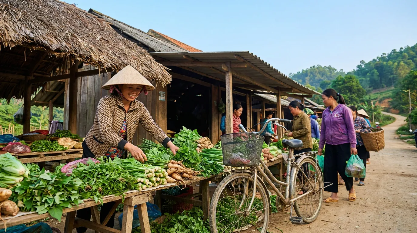 Người phụ nữ Việt Nam bán rau củ tại một khu chợ quê Bắc Trung Bộ, mái che đơn giản, xe đạp dựng bên cạnh, không khí buổi sáng nhộn nhịp — ảnh minh họa