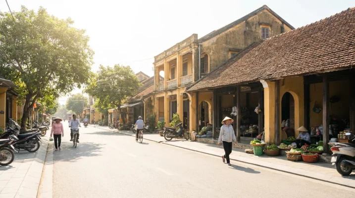 Khu chợ truyền thống Bút Sơn Thanh Hóa buổi sáng, người Việt buôn bán tấp nập giữa các gian hàng, mái ngói cũ và đường phố huyện lỵ, ánh nắng dịu — ảnh minh họa