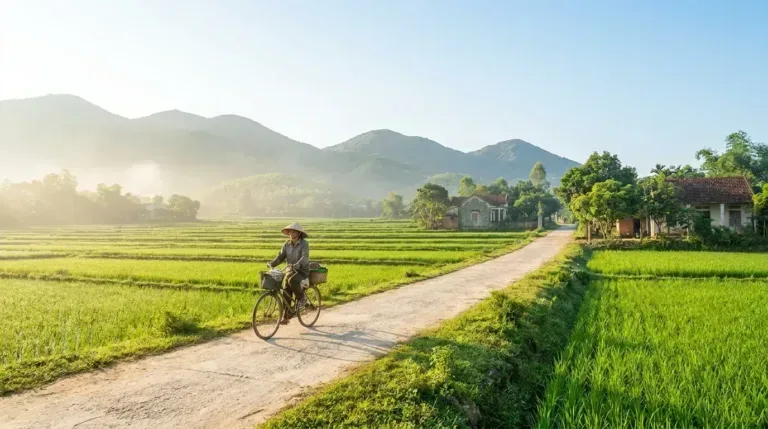 Vùng nông thôn trung du Thanh Hóa buổi sáng với cánh đồng lúa xanh, con đường làng và người nông dân Việt đi xe đạp, dãy núi mờ phía xa, ánh nắng dịu — ảnh minh họa