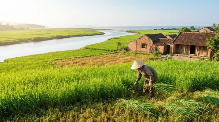 Cánh đồng cói xanh mướt ven biển Thanh Hóa buổi sáng, người nông dân Việt thu hoạch cói bên con đường làng, mái nhà truyền thống phía xa, ánh nắng dịu — ảnh minh họa