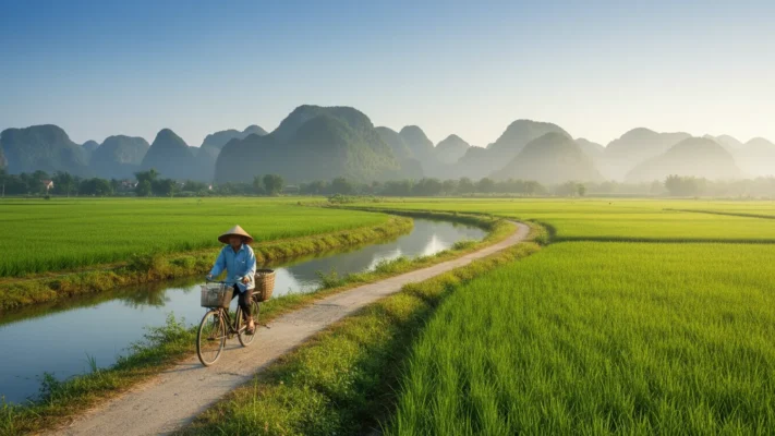 Vùng nông thôn ven sông Mã ở Thanh Hóa buổi sáng với cánh đồng lúa, lũy tre và con đường làng, người nông dân Việt đi xe đạp, dãy núi đá vôi mờ phía xa, ánh nắng dịu — ảnh minh họa