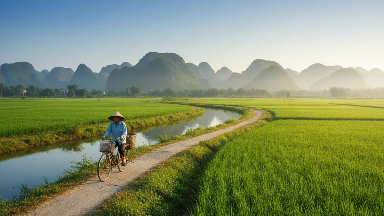 Vùng nông thôn ven sông Mã ở Thanh Hóa buổi sáng với cánh đồng lúa, lũy tre và con đường làng, người nông dân Việt đi xe đạp, dãy núi đá vôi mờ phía xa, ánh nắng dịu — ảnh minh họa