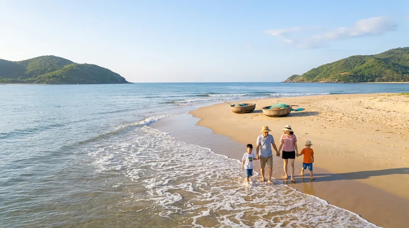 Bãi biển hình cánh cung ở Bắc Trung Bộ buổi sáng mùa hè, hai ngọn núi thấp ôm hai đầu bãi, người Việt dạo trên cát và thuyền thúng gần bờ — ảnh minh họa