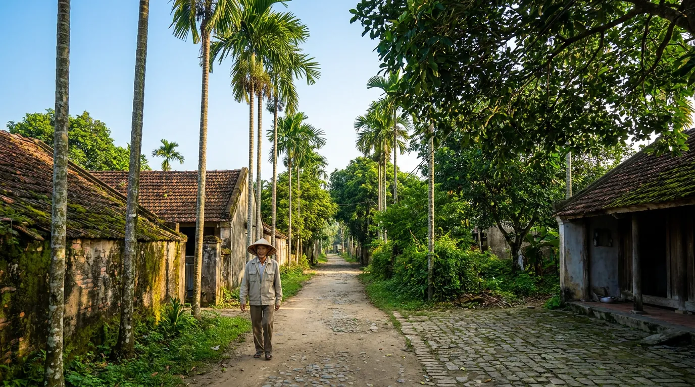 Làng quê Bắc Trung Bộ buổi sáng với mái ngói cổ, hàng cau và người Việt lớn tuổi đi bộ trên đường làng rợp bóng cây, ánh nắng dịu — ảnh minh họa
