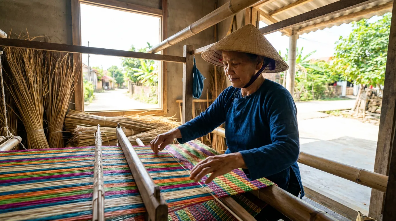 Người thợ Việt Nam dệt chiếu cói thủ công tại làng nghề Bắc Trung Bộ, khung dệt truyền thống, ánh sáng tự nhiên trong nhà — ảnh minh họa